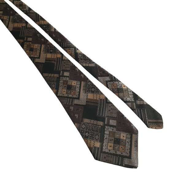 Marc Olivier Mod Geometric Patchwork Men Necktie Vintage Designer Jacquard Tan - Picture 1 of 5